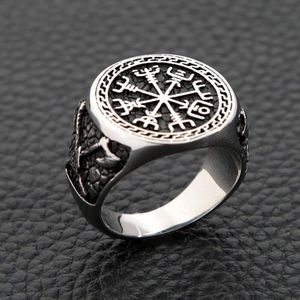 Cluster Rings Retro Viking Compass Amulet Ring Stainless Steel Pirate Double Axe Mens Nordic Jewelry Halloween Gifts