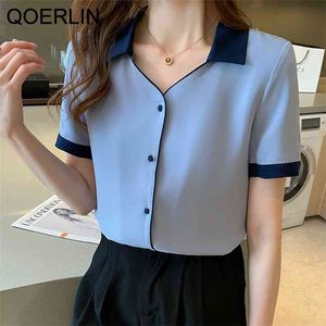 OL Formal Buttons Shirt Women Summer Retro Short Sleeve Chiffon Loose Top Office Ladies Plus Size Blouse 210601