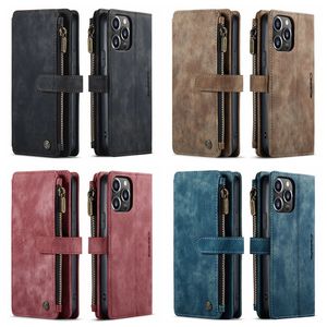 CaseMe Multifunktions-Leder-Geldbörsenhüllen für iPhone 15 14 13 Pro MAX 12 Mini 11 XS XR X 8 7 Plus 6 Reißverschlusshalter Flip Cover Magnetische Business-Männer-Buchtasche