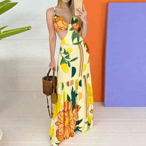 Summer Women Strap Dress Seaside Beach Holiday Style Floral and Leaves Print Sexy Hollow Out V Neck Midi Dress for Women 210521