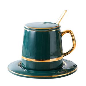 Keramik-Kaffeetasse, luxuriös, nordischer Luxus mit Löffel, einfarbig, grün, minimalistische Nachmittagsteetassen, hochwertiges Tassen- und Untertassen-Set