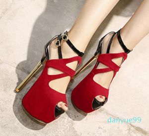 Super wysokie obcasy buty ślubne Gladiator Sandal Super Heel Heel Hollow Out Red Black Ackle Bootie