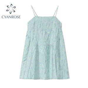 French Floral Print Mini Spaghetti Strap Dress Summer Fashion Vintage Backless Sleeveless High Waist Solid Fairy Ball Gown 210515