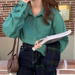Yitimuceng Casual Blouse Woman Oversize Office Lady Tops Korean Fashion Long Sleeve Green White Apricot Shirt Spring Summer 210601