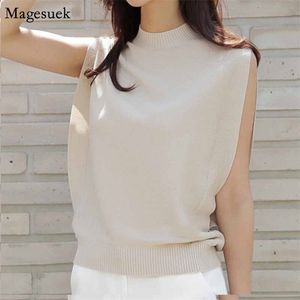 Woman's Shirts Mid Length Sleeveless Pullover Solid Blouse Woman Loose Cotton Turtleneck Korean Knit Chic Lady Clothing 10282 210518
