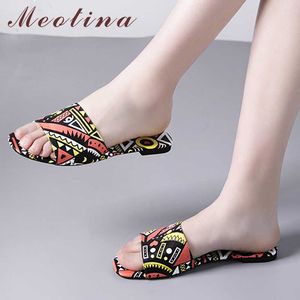 Meotina Mischfarben Flache Hausschuhe Offene spitze Rutschen Frauen Runde Kappe Strand Schuhe Sommer Flache Sandalen Weibliche Grün Große Größe 44 210608