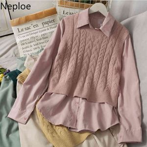Neploe Fall Clothes for Women Two Piece Set Solid Color Shirts Tops Knitted Sweater Vest Chic Korean Suit 2 Piece Outfits Woman 210422