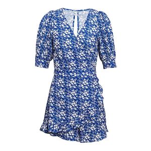 Blue Floral Print Chiffon Women Holiday Rompers Lace-up Puff Short Sleeve Vintage French V-neck J0119 210514