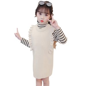Roupa de crianças Sweater listrado + vestido meninas de malha vestuário Casual Girl Girl Set Teeange Prathersuit 6 8 10 12 14 210527