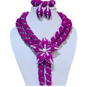 Örhängen Halsband Elegant Fine Smycken Set Fuchsia Pink Bridal African Sats för Kvinnor Kristall Handgjorda Lager Smycken Beads 2021