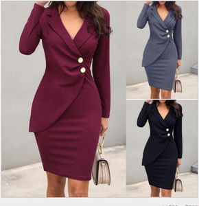 Casual Dresses 2022 Europe And America High Quality Fashion Temperament Spring Autumn Slim Button Breasted Professional Dress Women