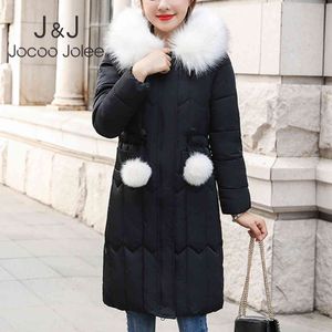 JOCOO JOLEEの女性韓国のスリムロングコート甘い冬の毛皮のフード付き綿パッド入りジャケットプラスサイズ5xlの極めてカジュアルオーバーコート210518