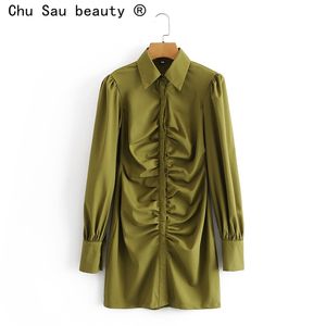 Spring Autumn Waist Vintage Sexy Puff Long Sleeve Pleated Slim Single-breasted Shirt Mini Dresses For Women Vestido Mujer 210508