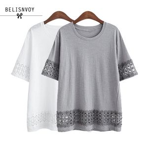 여름 여성 티셔츠 O 넥 캐주얼 느슨한 레이스 크로 셰 뜨개질 자수 중공 티셔츠 Blusas 큰 크기 210520