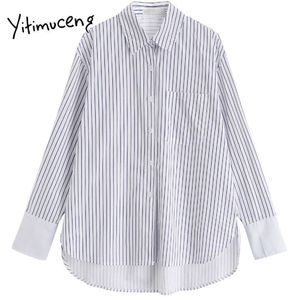 Yitimuceng listrado patchwork blusa mulher botão para cima camisas soltas primavera coreana manga longa giro colarinho casual tops 210601