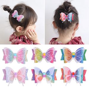 Barnhår Tillbehör 3.5Inch Girls Rainbow Butterfly Barrettes Söt Boutique Barn Hairclips Glitter Bow Pins 20 stilar M3403