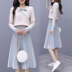 High quality Runway Autumn And Winter Hedging Women Bow neck Sweater + A-Line stripe hight waist Two Pieces knitting Skirt Sets 210514