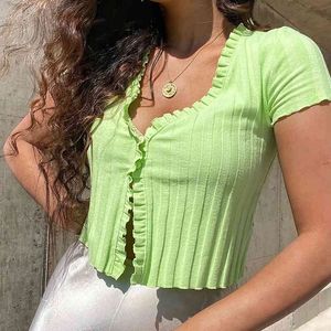Тонкие девочки элегантные зеленые полосатые вязаные рубашки Летняя мода дамская бомба хлопчатобумажные блузки топы сексуальные женские шикарные топ 210430