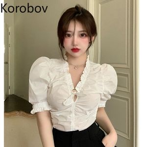 Korobov Korean V Neck Puff Sleeve Women Blouses Vintage Elegant Ruffles Crop Shirts Summer Sexy Blusas Mujer 210430