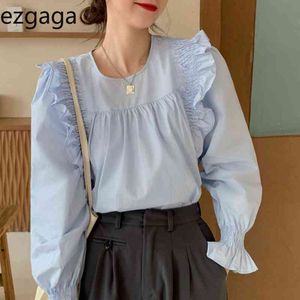 EZGAGA Bluz Kadınlar Flare Kol Katı Sping Ruffles Gevşek Kore Chic Bahar Moda Zarif Bayanlar Gömlek Tatlı Blusas 210430