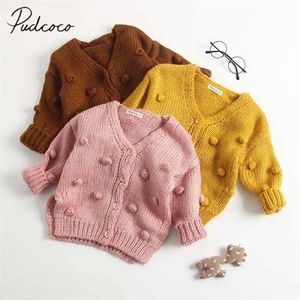 Baby outono inverno roupas meninas de malha cardigan casaco camisola top handmade bolha bola crianças sólidas 6m-3T 211204