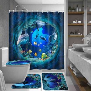 Ocean Dolphin Deep Sea Polyester Rideau De Douche Salle De Bains Imperméable Avec 10 Crochets Piédestal Tapis Couvercle Toilette Couverture Tapis De Bain Ensemble 210915