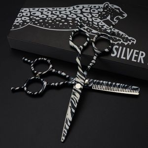 Ny ankomst Jaguar 5,5 tums hår sax 6CR Svart röd rosa Zebra Stripes Professionell Barber Thinning Cutting Scissors