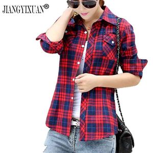 JIANGYIXUAN Casual Button Down Collo con risvolto Plaid Controlli Camicie di flanella Camicie a maniche lunghe da donna Camicetta S-144 210323