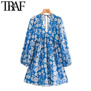 Kvinnor Chic Fashion Floral Print Plisserad Mini Dress Vintage Puff Sleeves Baklösa Elastiska Kvinnliga Klänningar Vestidos 210507