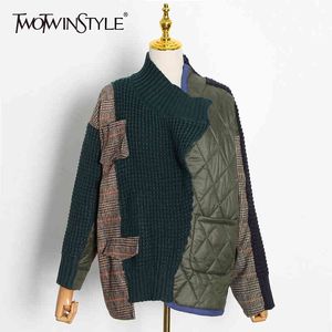 Twotwinstyle Hit Color Patchwork Kurtka dla kobiet V Neck Długim Rękawem Casual Koreański Kurtki Kobiet Mody Cothing Spadek 210517