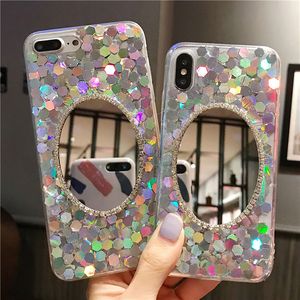 Confeti de lentejuelas Casas de teléfono de escamas Oval Cosmética cubierta de espejo Diamante Glitter Premium Rhinestone Funda para iPhone X XR 11 12 Pro Max