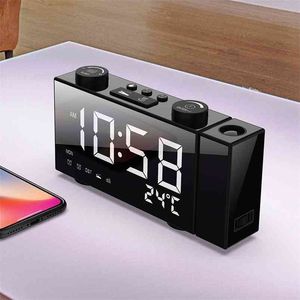 6 Inch Portable Digital FM Projection Radio Alarm Clock 4 Brightness Adjustment USB Powers Supplys LED Thermometer 210804