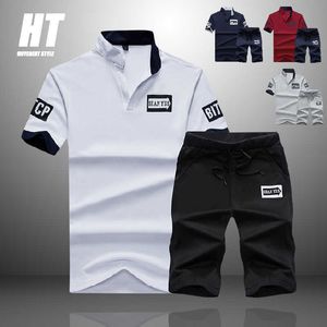 Tracksuit män sätter sommaren 2 bitar sportkläder uppsättning + gym fitness sport shorts casual brev utskrift polo sweat kostym 4xl 210603