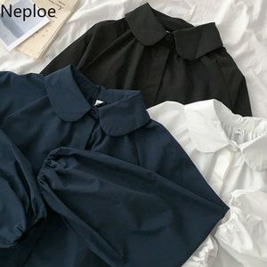NEPLOE Single Breasted Bluzka Kobiety Solid Peter Pan Collar Z Długim Rękawem Blusa Koszule Wiosna Moda Dorywczo Kobiece Topy 210423