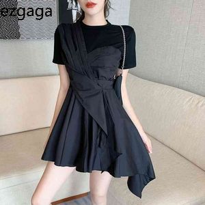 EZGAGA Düzensiz Patchwork Chic Kadınlar Elbise Kore Moda Kısa Kollu Yaz Yeni O Boyun Zarif Elbise Vestidos Feminino 210430