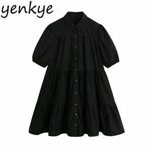 Vestido Vintage vestido preto mulheres colarinho de manga curta uma linha grande balanço feminino casual plus size vestido 210514