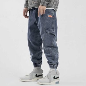Ly moda estilo japonês homens jeans solto apto resgate designer largo perna harem calças streetwear hip hop corredores cargo calças