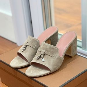 summer Fashion heeled slippers Luxury Designer Cashmere Stone grain cowhide sandals Thick heel Large size shoes Top quality Genuine Leather sole womens slipper