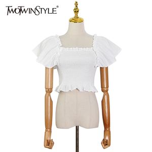 Dorywczo Białe Koszule Dla Kobiet Kwadratowe Kołnierz Rękawicowy Ruched Slim Krótkie Bluzki Kobiet Koreański Lato Moda Styl 210524
