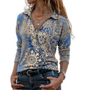 Women Polo T-shirt Retro Print Half Zip V-Neck Long Sleeve Oversize Tops And Tees Autumn Casual Slim Lady Street Green Blue Tees 210819