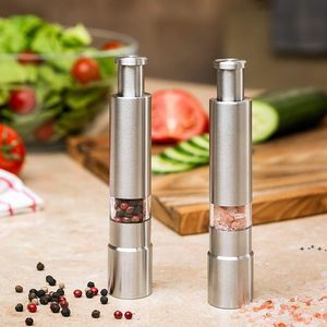 Manual Pepper Mill Salt Shakers One-handed Pepper Grinder Stainless Steel Spice Sauce Grinders Stick Kitchen Tools LLB12356