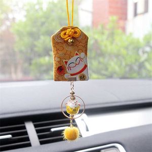 Kreskówka Japonia Lucky Cat Brelok Manki Neko Samochód Car Lustro Dekoracje Urok Omamori Pompon Wisiorek Para Prezenty KeyFob G1019