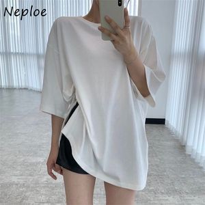 Side Split Design Solid T Shirt Women O Neck Pullover Long Sleeve Tees Summer All Match Loose Ladies Top 210422