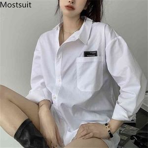 Stylish High Street Street Camicia Bianco Donne Manica Piena Singola Pocket Tops Long Tops Corean Fashion Ladies allentato Blusas Femme 210513