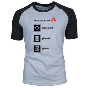 Summer 100% Cotton Top Quality Funny O Neck Programmer Shirt- In Case of Fire Git Commit Push Out Graphic T Shirts EU Size 210716