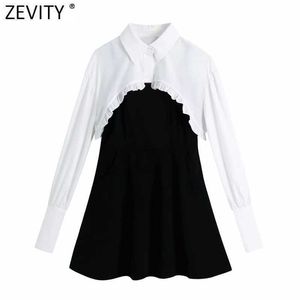 Zevity Women Vintage Black Sling Dress Donna Chic White Agaric Lace Ruffles Due pezzi Casual Slim Mini Vestido DS5069 210603