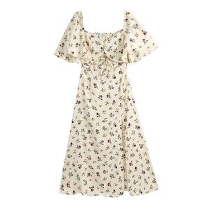 Floral print short sleeve women dresses summer Square collar draw string lady chic Side split girl 210430