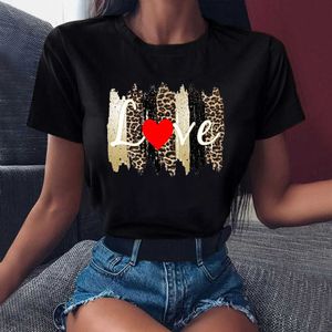 Zogankin Leopard Love Heart Print T-shirt Kvinnor Svart T-shirt Harajuku Tshirt Summer Fashion Casual Short Sleeve Tee Shirt x0527