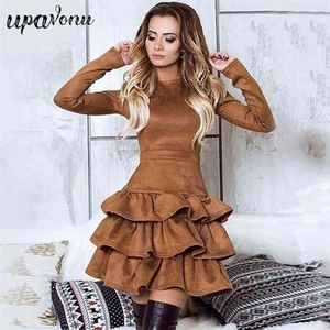 Free Spring Autumn Winter Elastic High Waist Suede Short Dress Women Sexy Long Sleeve Black Blue Brown Robe Femme 210524