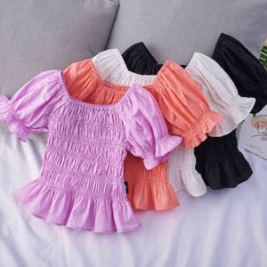 Korean Style Puff Sleeve Girls Princess Blouses Pure Color Cute Kids Tops Summer Children Pleated Shirts Baby Clothing 210515